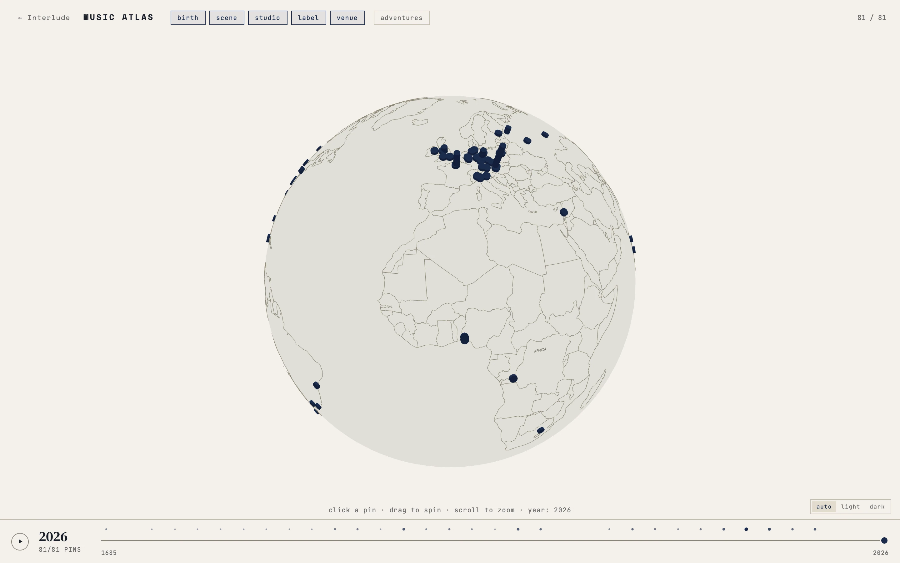 Music Atlas — wireframe globe showing artist origin pins concentrated across Europe and Africa with the time-slider at year 2026