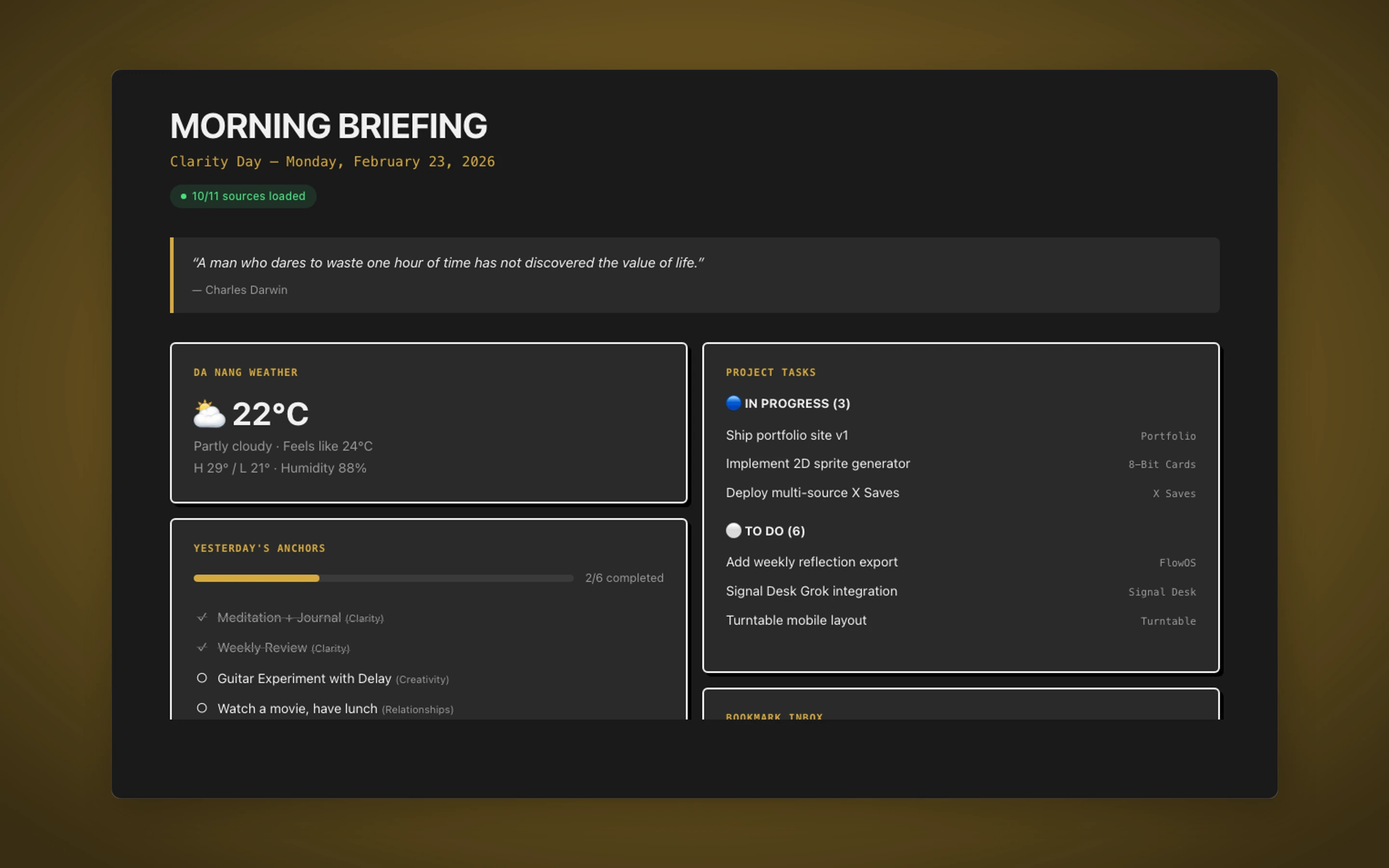 Morning Briefing email showing weather, anchors, baseball scores, and music