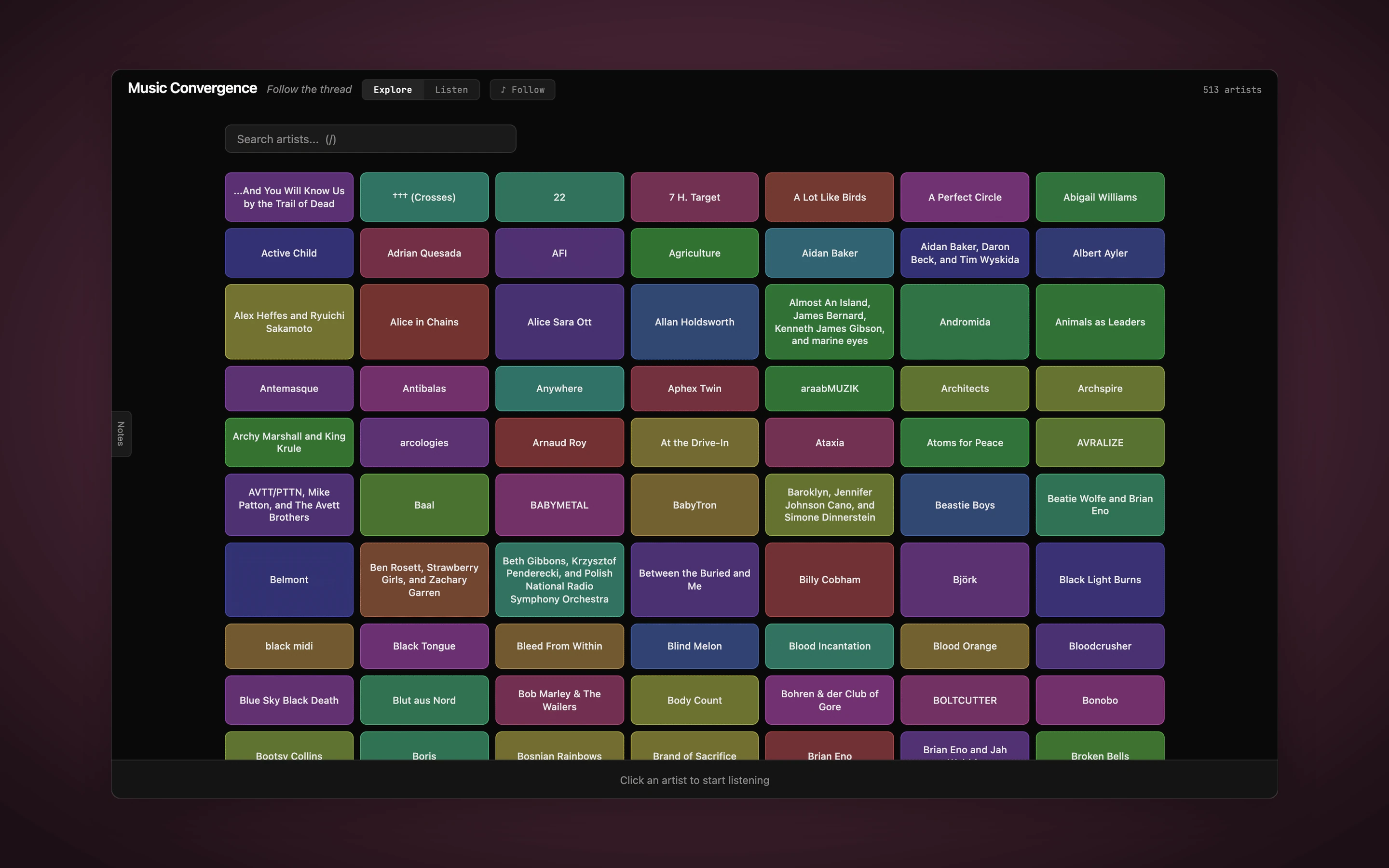 Music Convergence explore view — a grid of 513 colored artist tiles with a search bar and Explore/Listen/Follow tabs