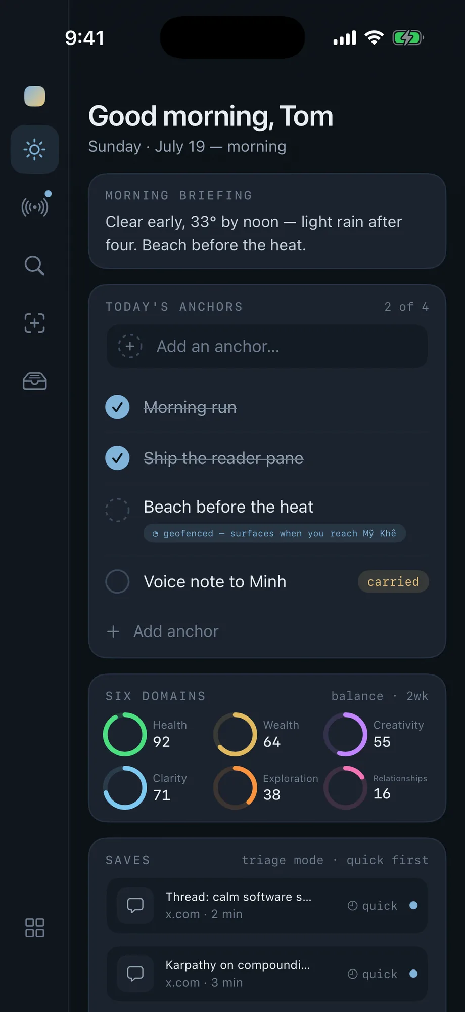 FlowOS on iPhone in dark mode — the Today surface: greeting, the morning-briefing card, today's anchors with inline quick-add, and the six-domain balance rings