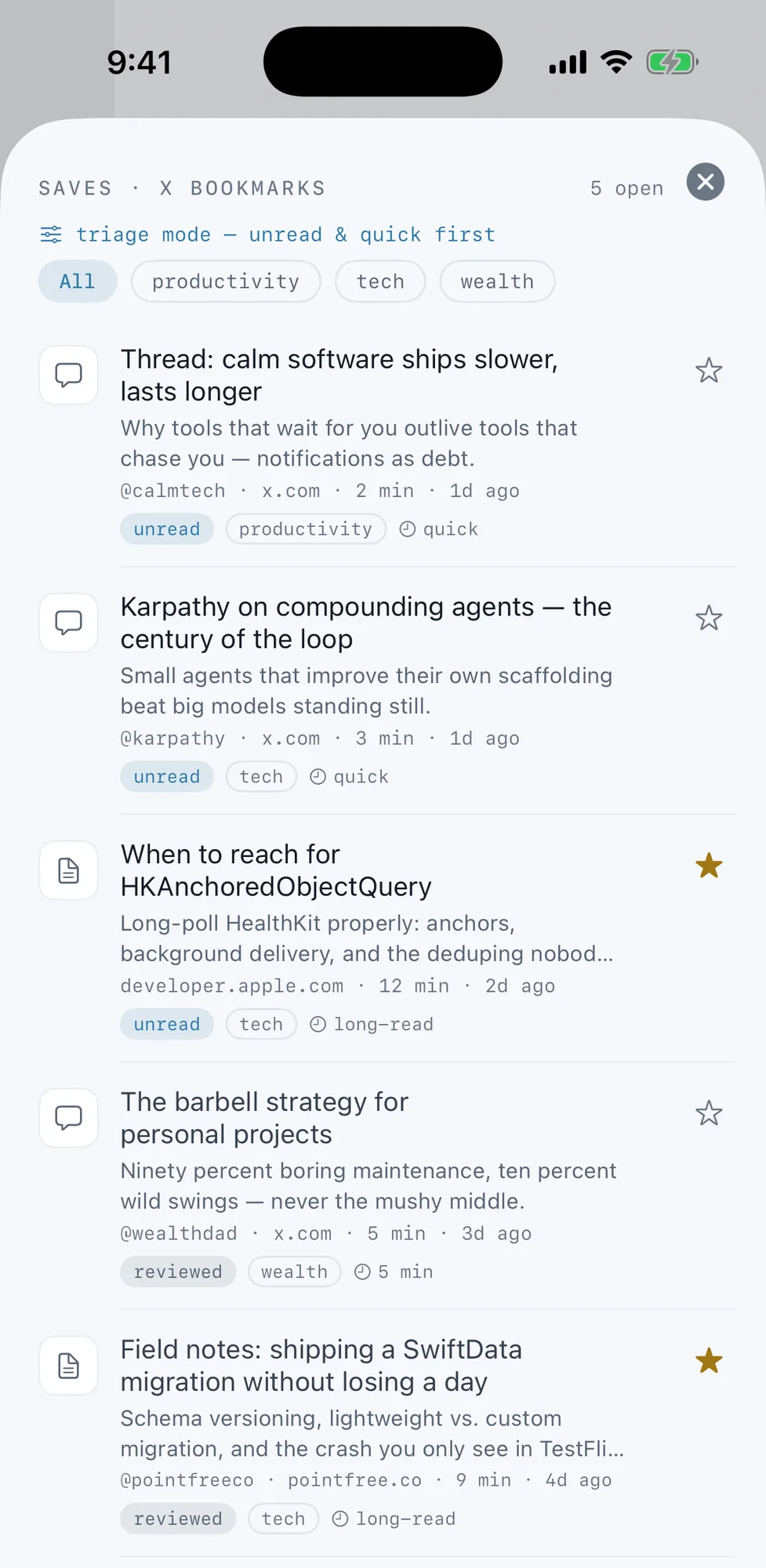 FlowOS Saves — the read-later surface: X bookmarks pulled into a triage list with unread and starred states, ready to open or clear