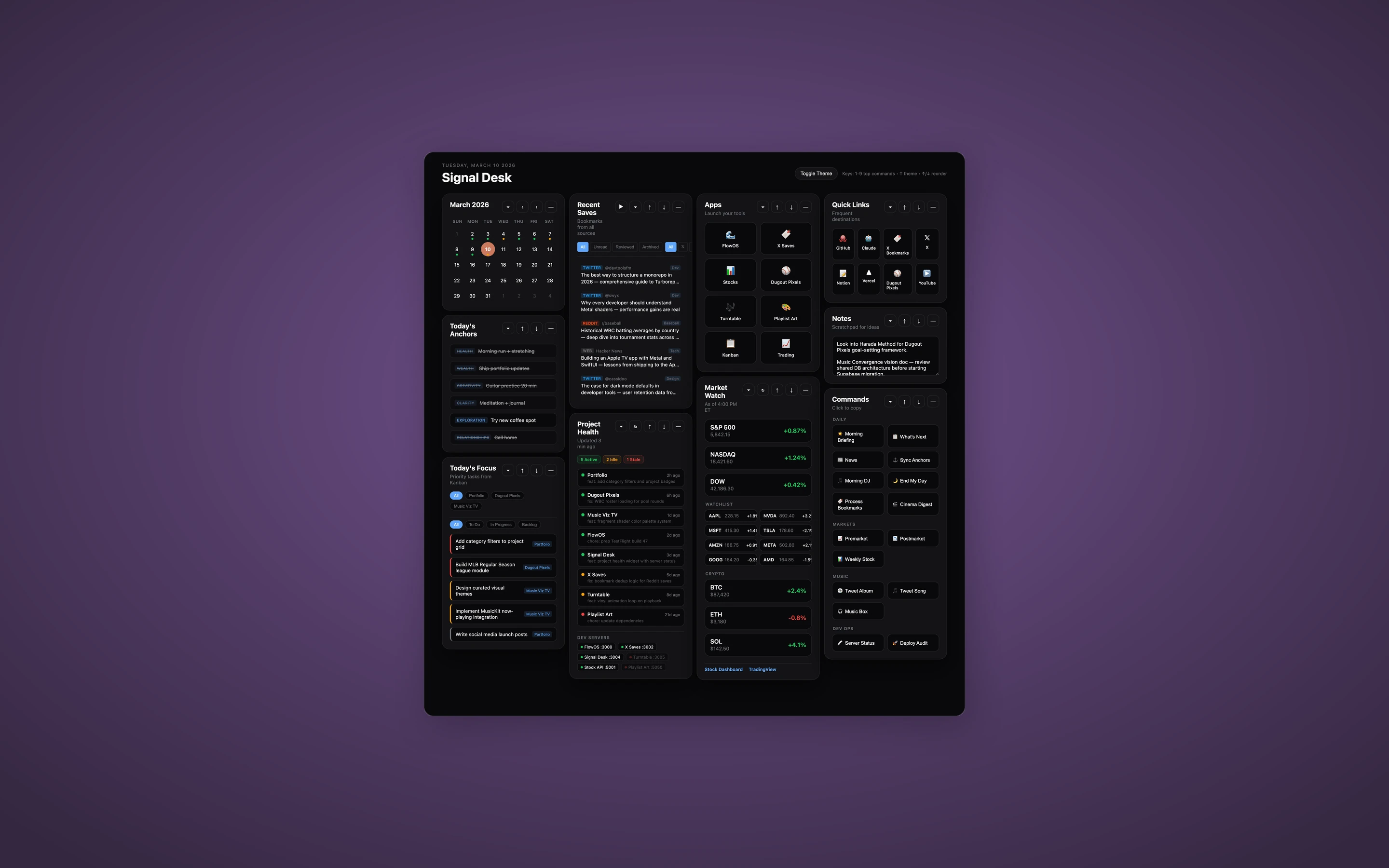 Signal Desk dashboard showing project health, market watch, anchors, and command palette