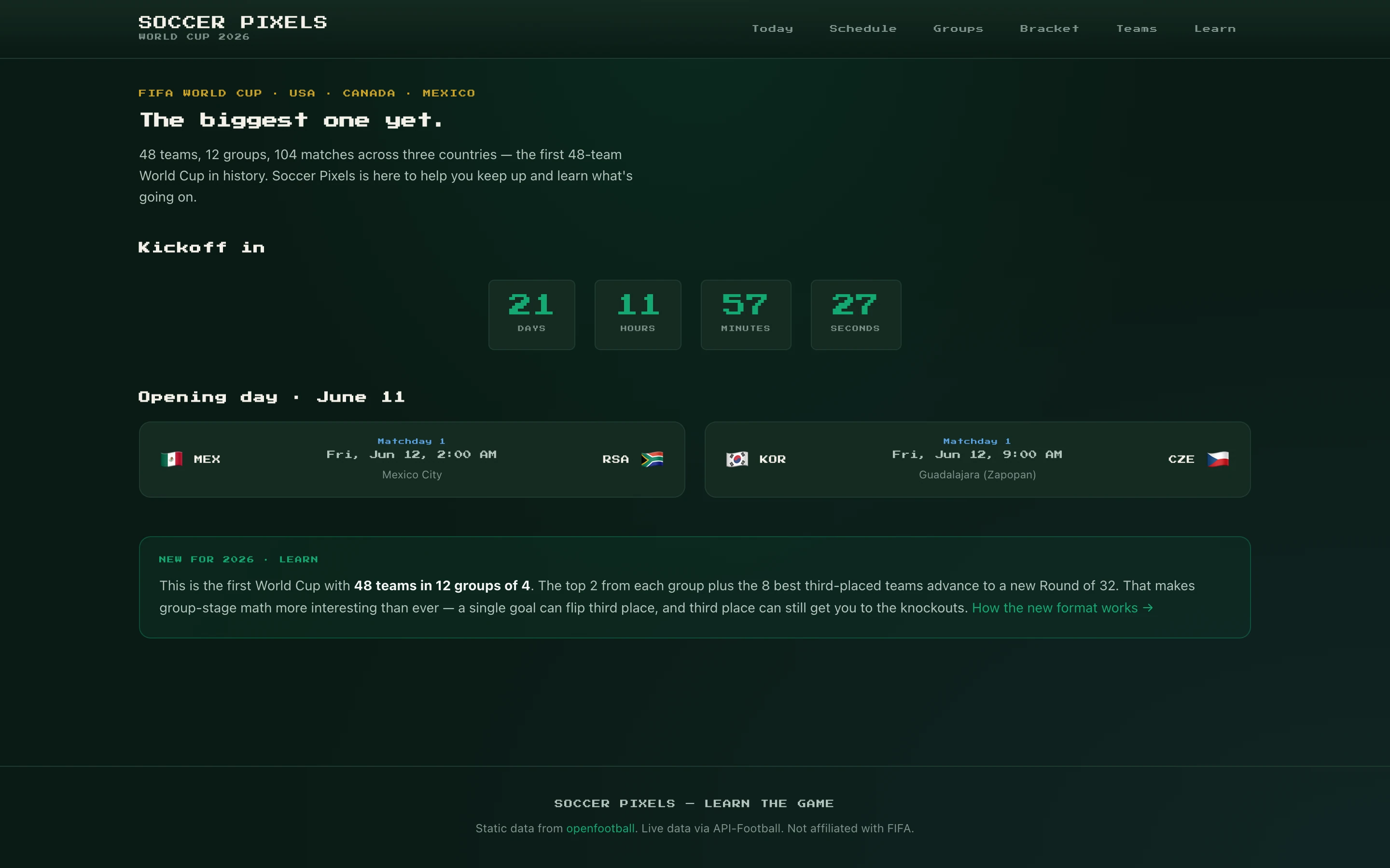 Soccer Pixels landing page — kickoff countdown to opening match, schedule of the first day, and a green-on-black retro terminal aesthetic