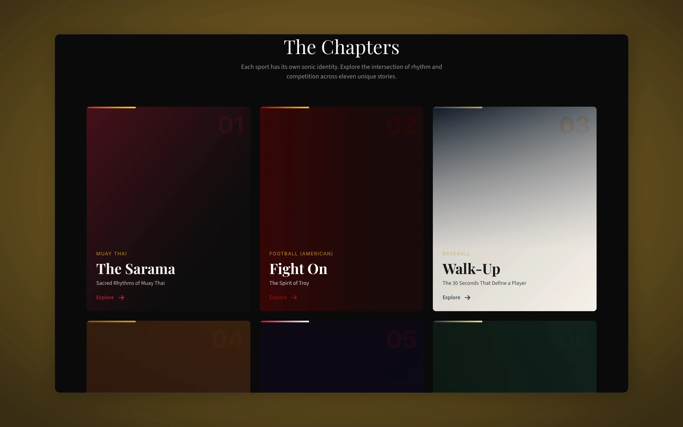 Chapter grid showing distinct visual themes per sport