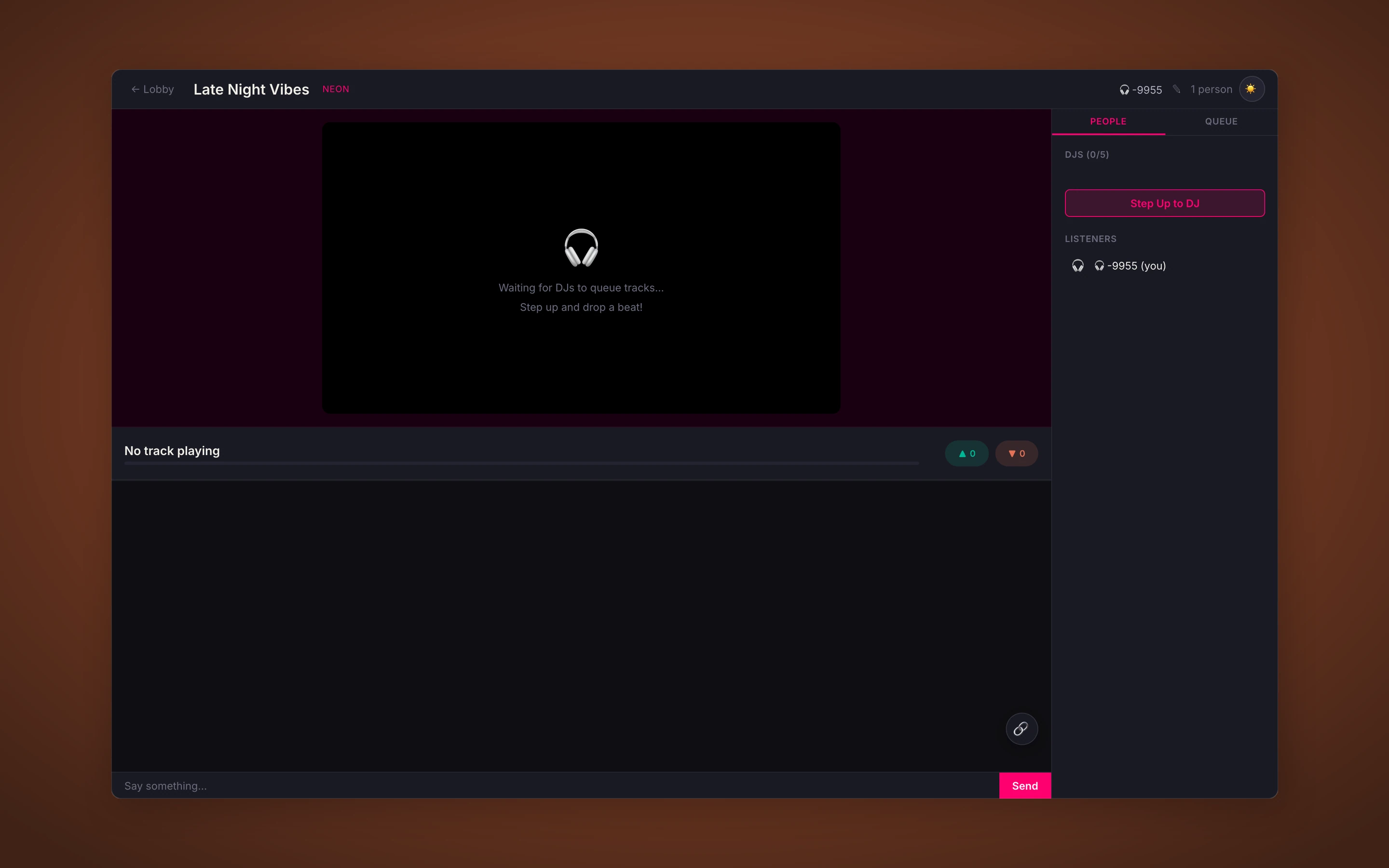Turntable room interface with track queue and listener avatars
